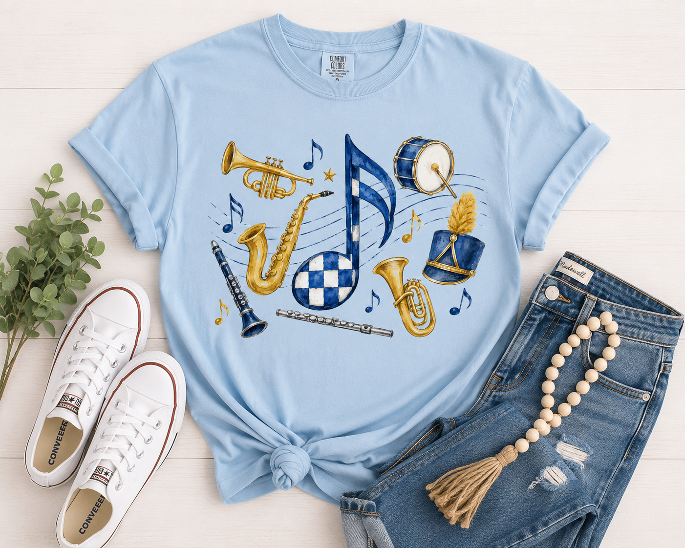 Blue & Gold Watercolor Band Instruments Graphic Tee