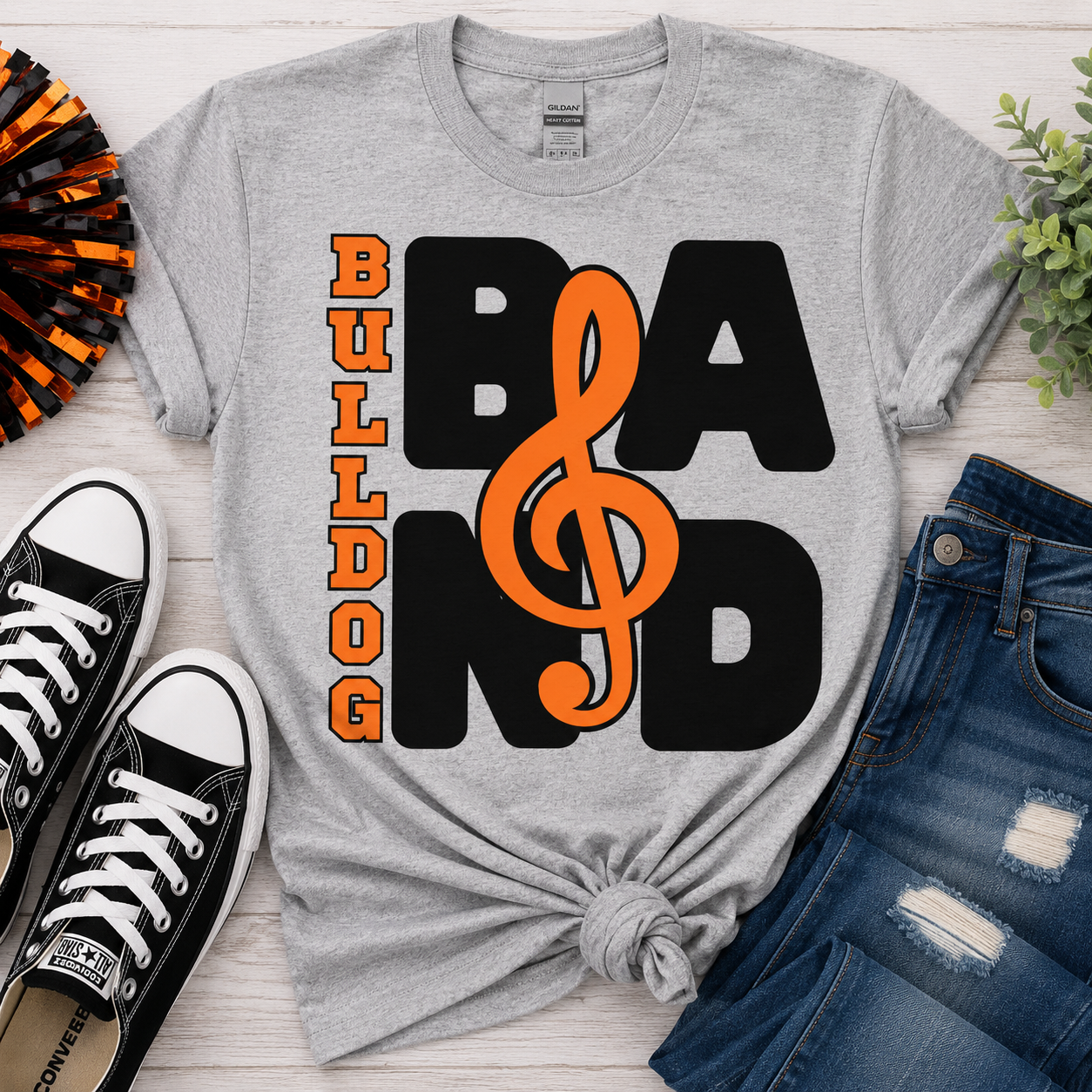 Bulldog Band Treble Clef Graphic Tee – Orange & Black