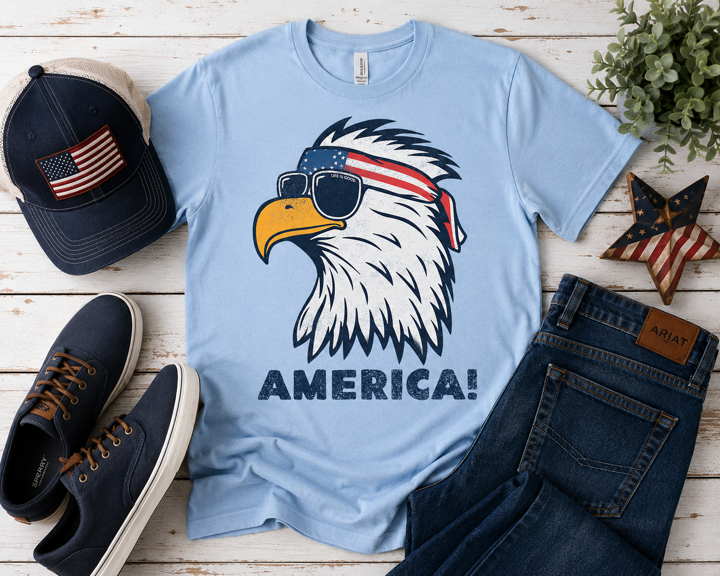 Youth & Adult Patriotic Eagle "AMERICA!" Graphic Tee | Light Blue | Fourth of July Shirt