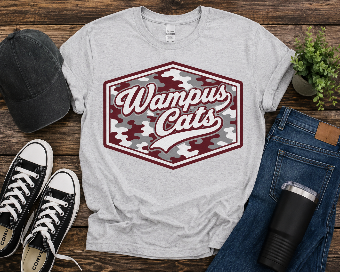 Wampus Cats Camo Script Spirit Tee | Youth & Adult School Spirit Shirt