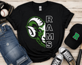 Split Rams Mascot Spirit Shirt | Green & Black School Pride Tee