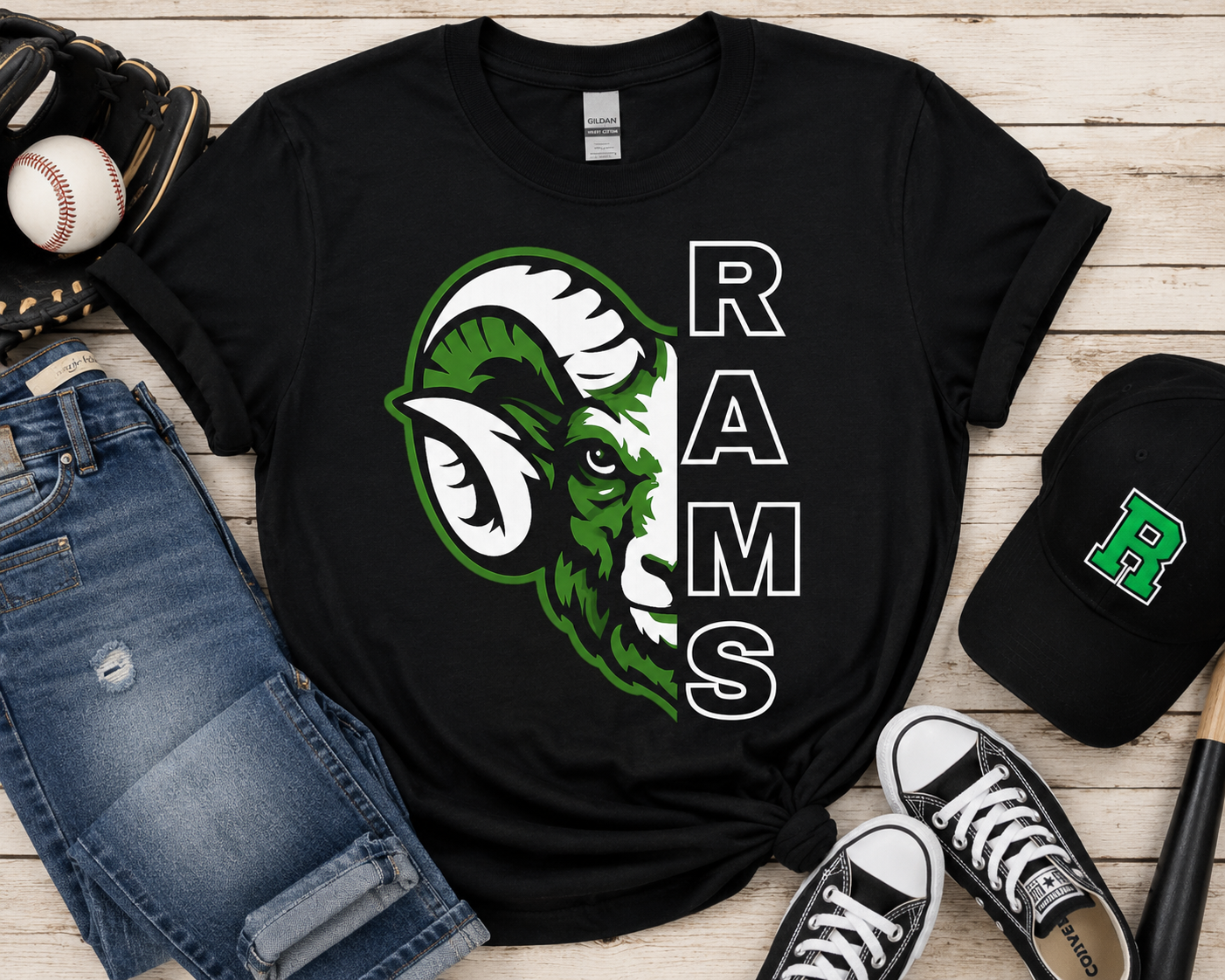 Split Rams Mascot Spirit Shirt | Green & Black School Pride Tee