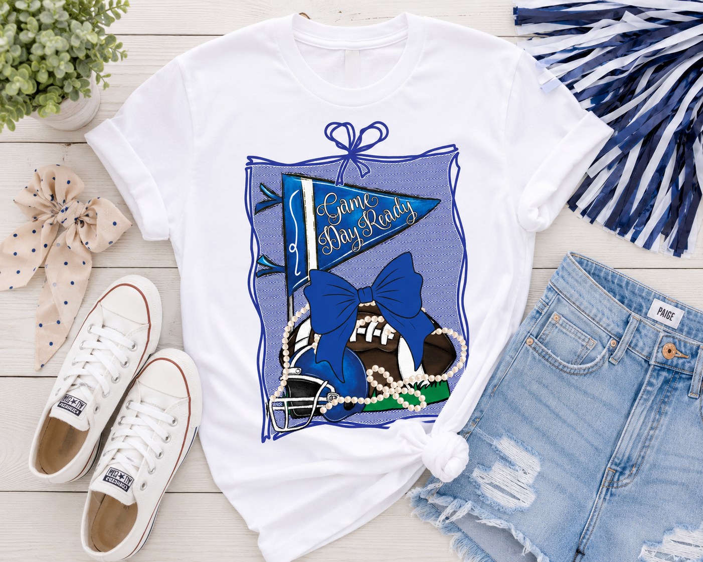 Game Day Ready Football Bow Tee | Preppy Blue Football Spirit Shirt
