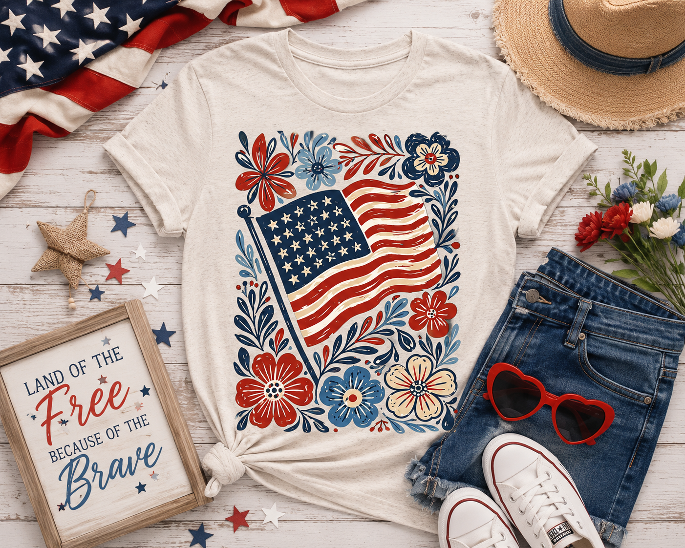 🇺🇸🌸 Floral American Flag Oatmeal Tee 🌸🇺🇸