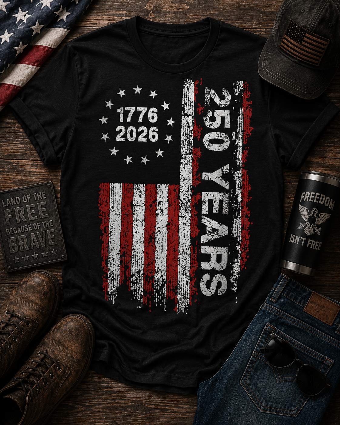 250 Years of Freedom Patriotic Flag Tee | 1776–2026 Anniversary Shirt
