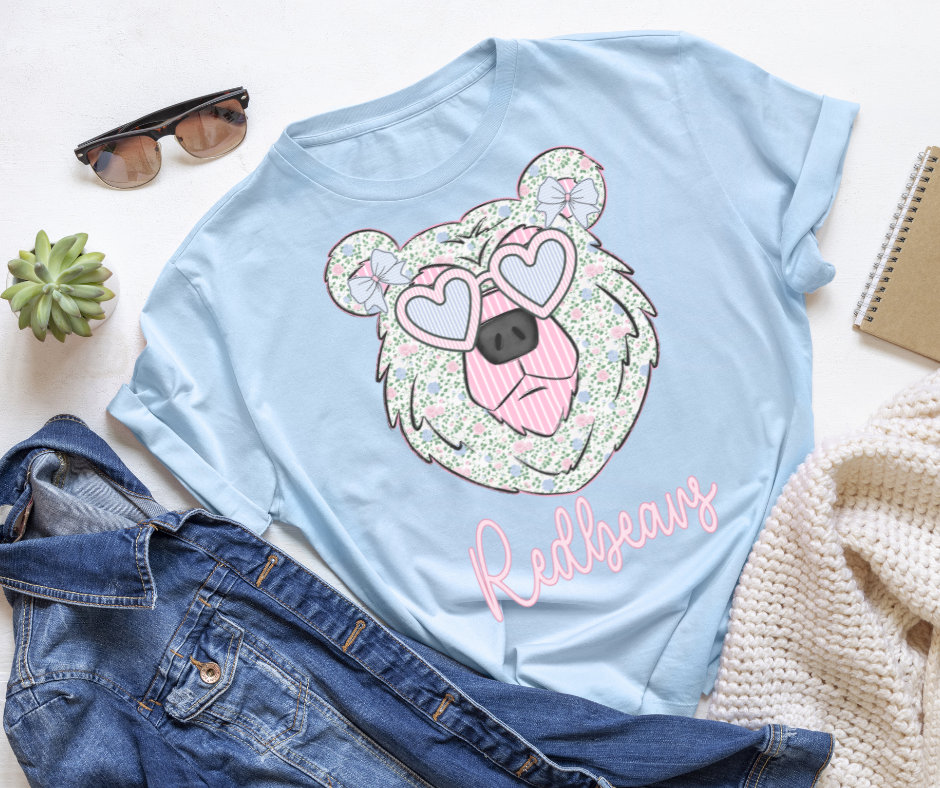 Grandmillennial Redbears Bow Mascot Tee | Floral Coquette School Spirit Shirt