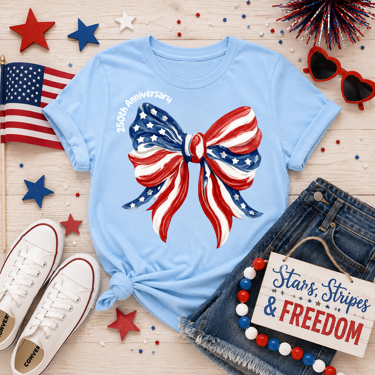 🎀🇺🇸 America 250th Anniversary Patriotic Bow Tee 🇺🇸🎀