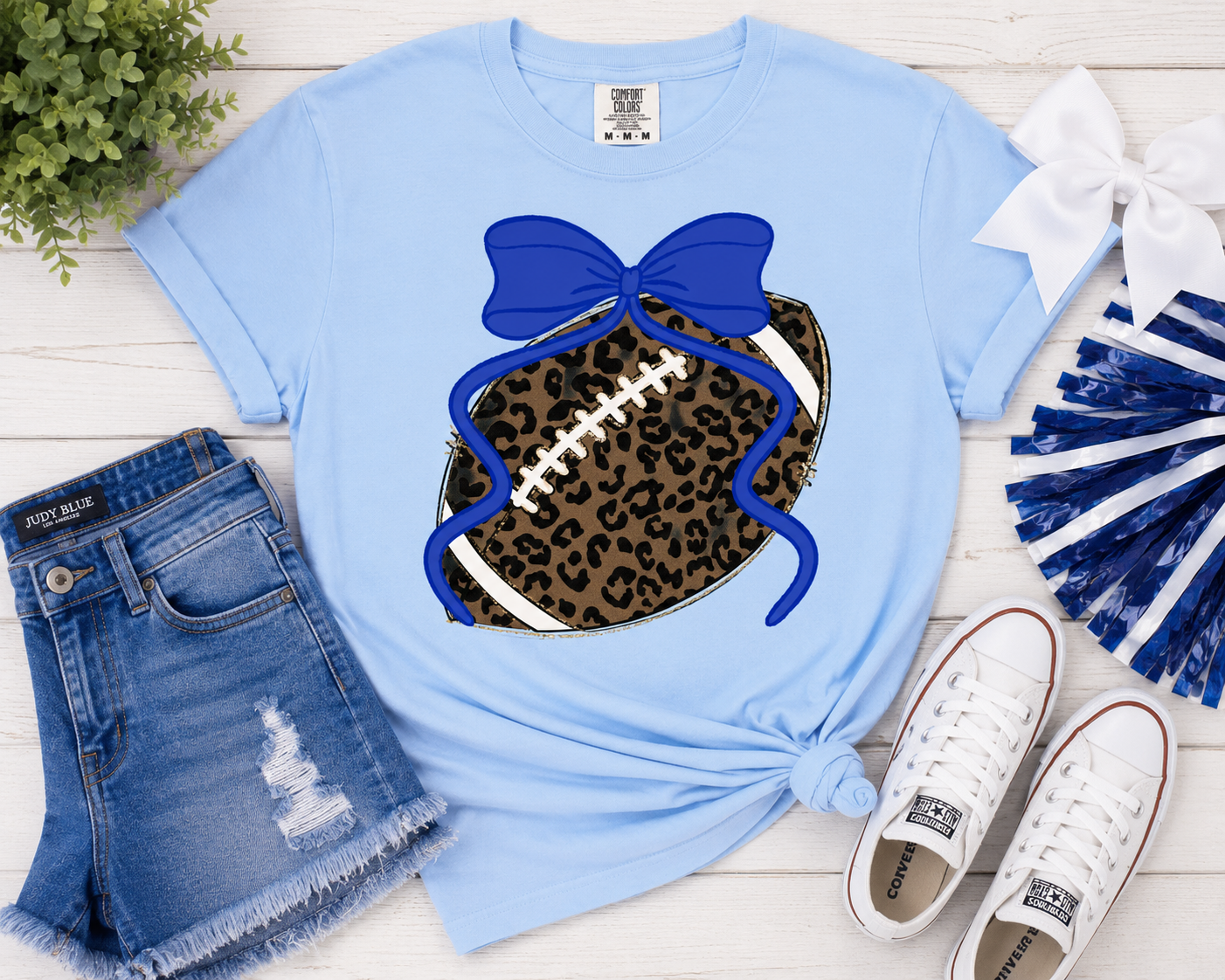 Leopard Football Bow Tee | Preppy Blue Game Day Spirit Shirt