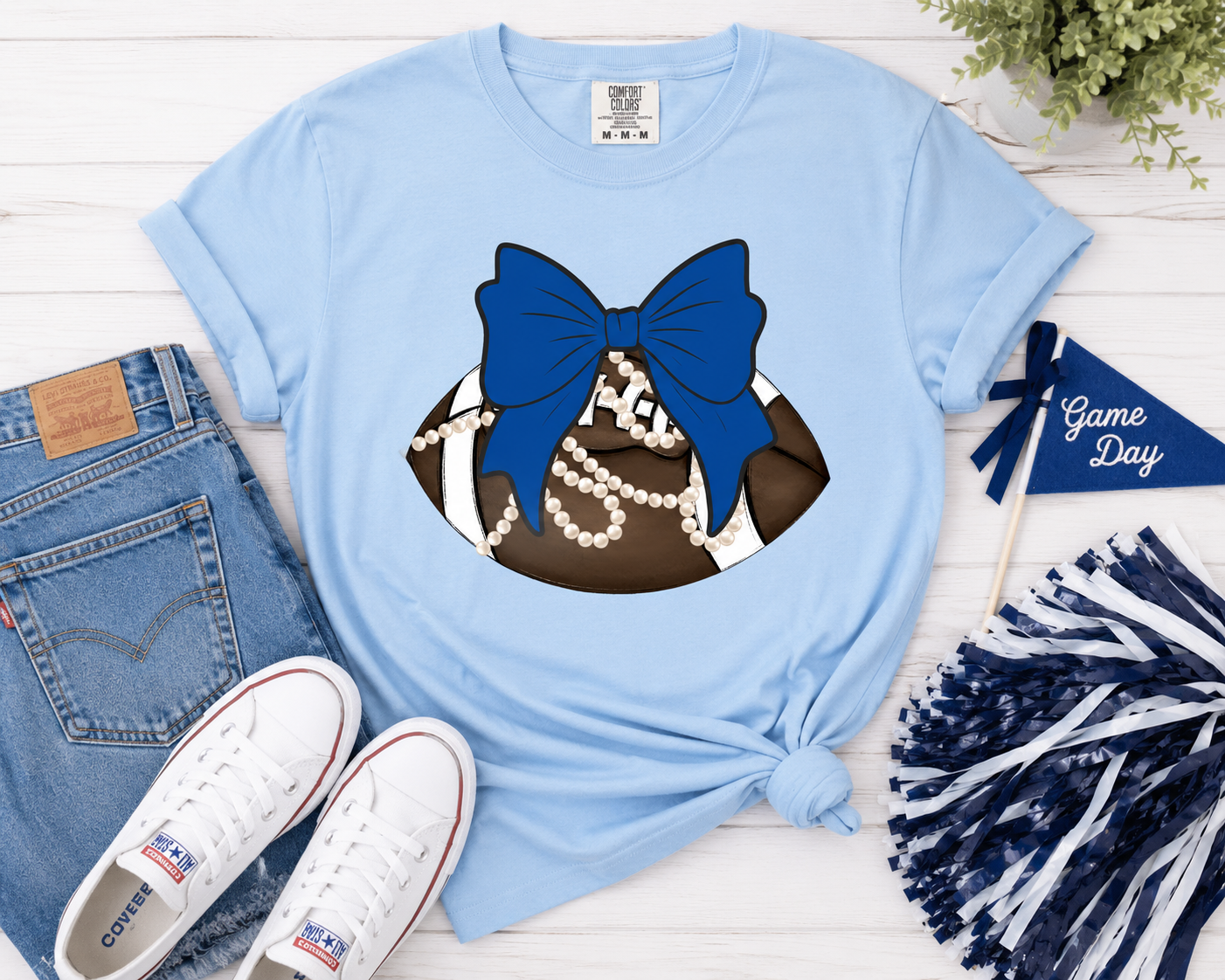 Preppy Football Bow Tee | Blue Game Day Spirit Shirt
