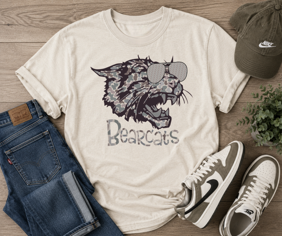 Bearcats Camo Sunglasses Spirit Tee | Neutral School Pride Graphic Shirt