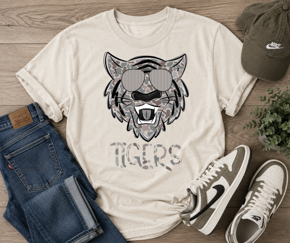 Tigers Camo Sunglasses Spirit Tee | Neutral School Pride Graphic Shirt