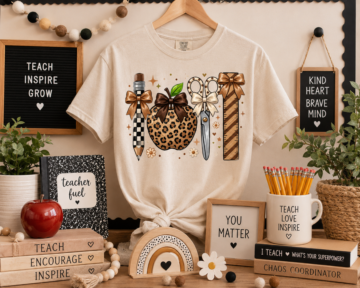 Leopard Teacher Tools Graphic Tee | Oatmeal School Shirt