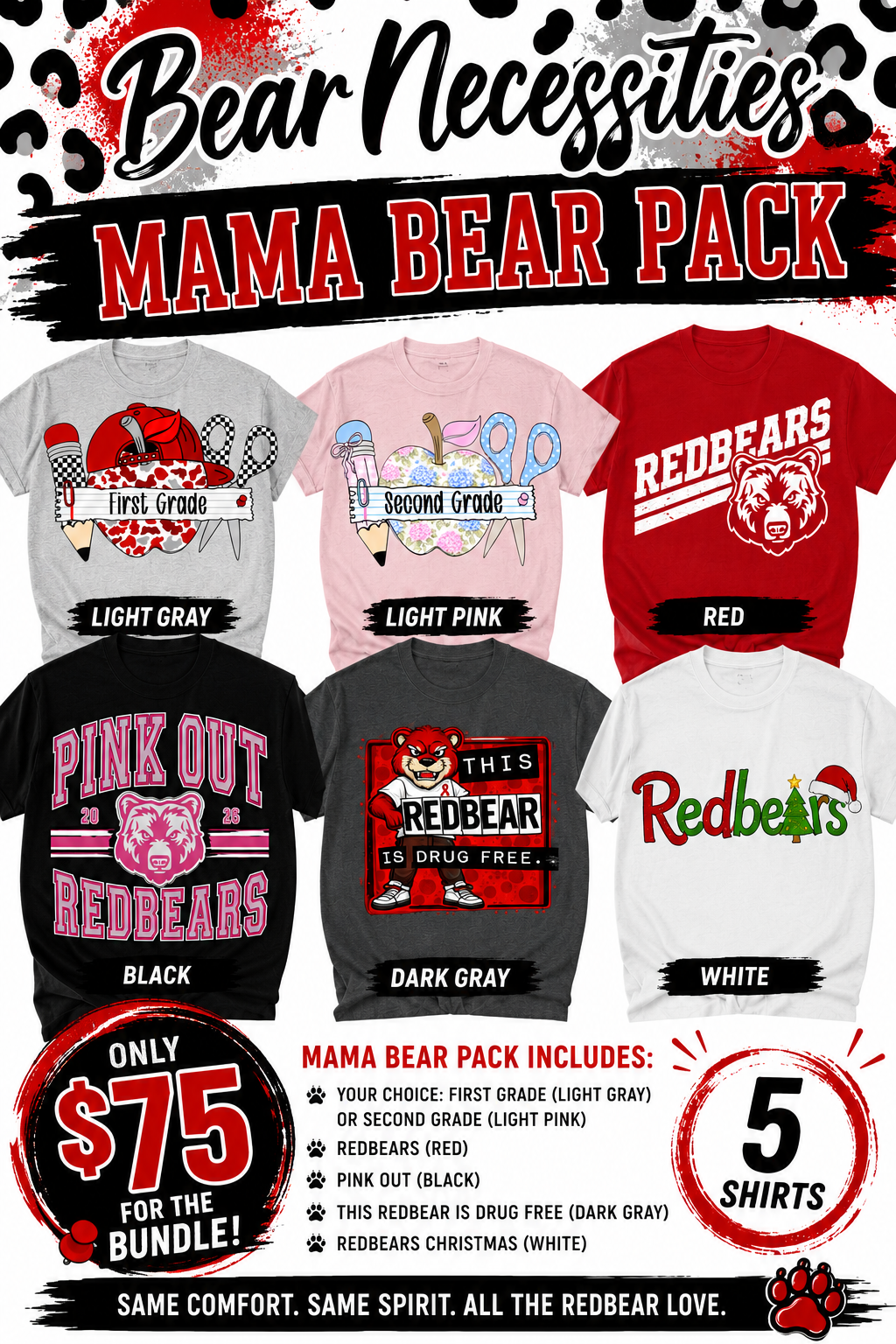 Bear Necessities Mama Bear Pack | 5-Shirt Redbear Spirit Bundle